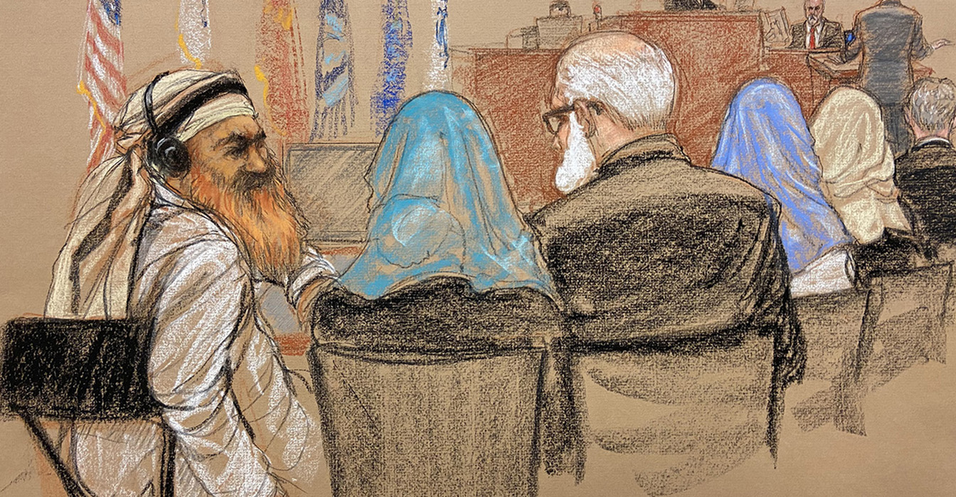 Sketch of Khalid Shaikh Mohammad and members of his defense team by Janet Hamlin.