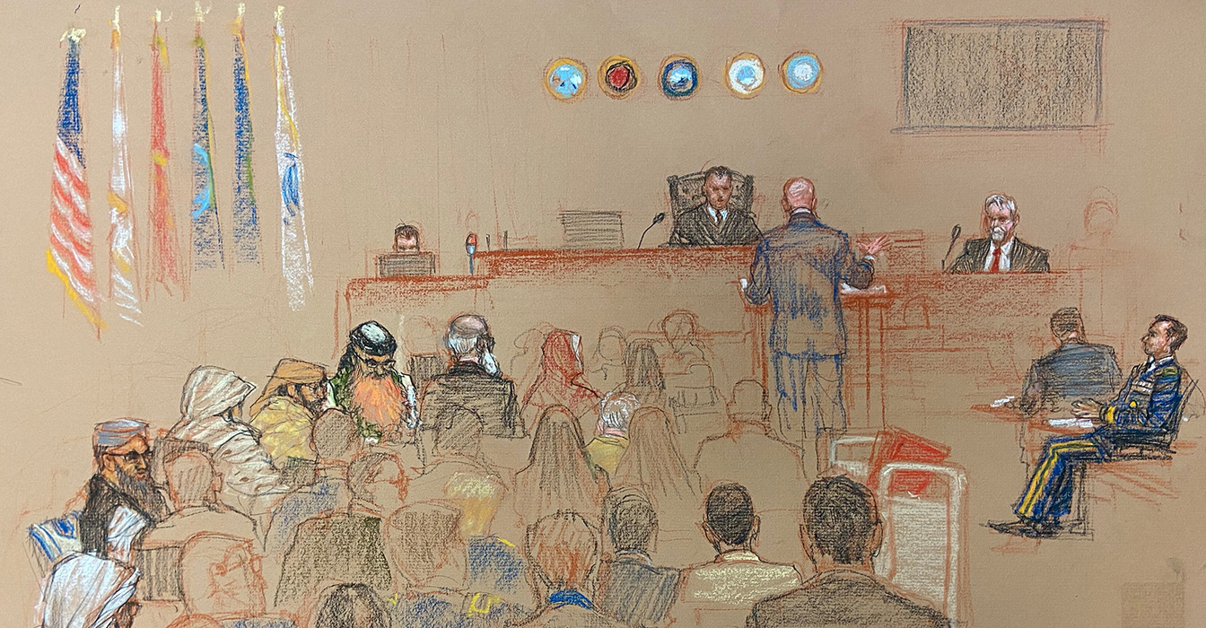 Sketch of the Guantanamo Bay courtroom by Janet Hamlin.