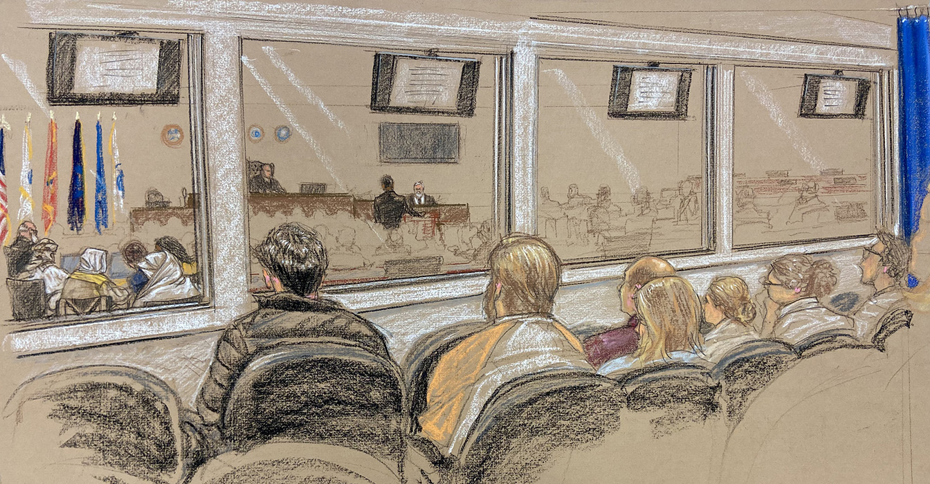 Sketch of the Guantanamo Bay courtroom by Janet Hamlin.